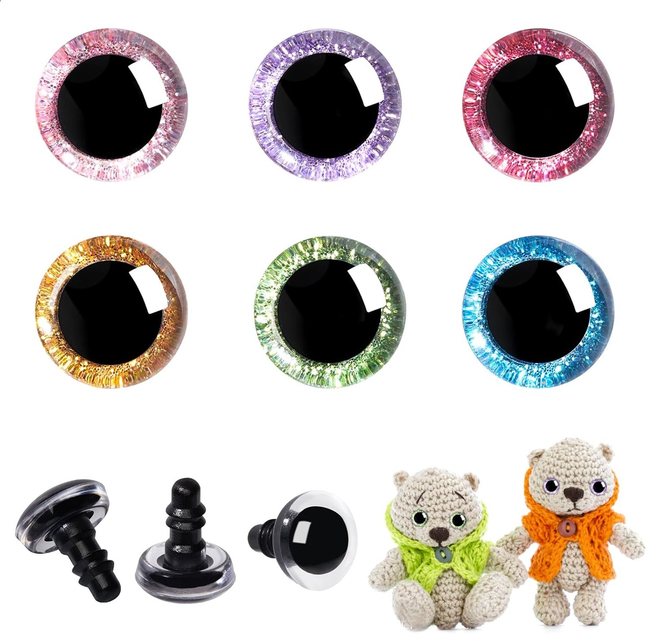 120pcs 20mm 3D Glitter Plastic Safety Eyes for Amigurumi, Crochet Dolls, and Stuffed Animals – 6 Colors with Washers